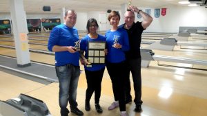 2017 — Annual bingo bowling. Left to right: Slavi Nalbantov, Pooja Nagra, Luba Medvedeva, and Arnie Strub