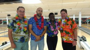2017 — Annual Bingo Bowling. Left to right: Kevin Kobus, Fady Aodesho, Tracy Brown, and Dan McCowell