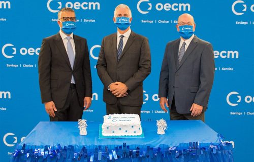 2020 — $2 billion in accumulated collaborative spend by OECM customers is celebrated; Left to right: Dr. F. Haider Alvi, John Sabo, and Arnie Strub
